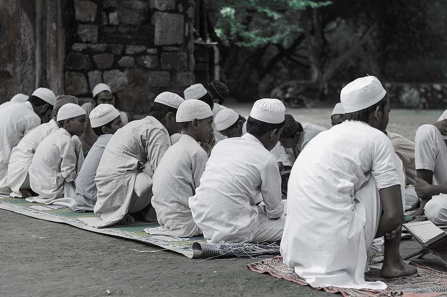 muçulmanos, estudo em grupo, índia, leitura do Alcorão, grupo de pessoas, pessoas reais, homens, dia, pessoas, multidão