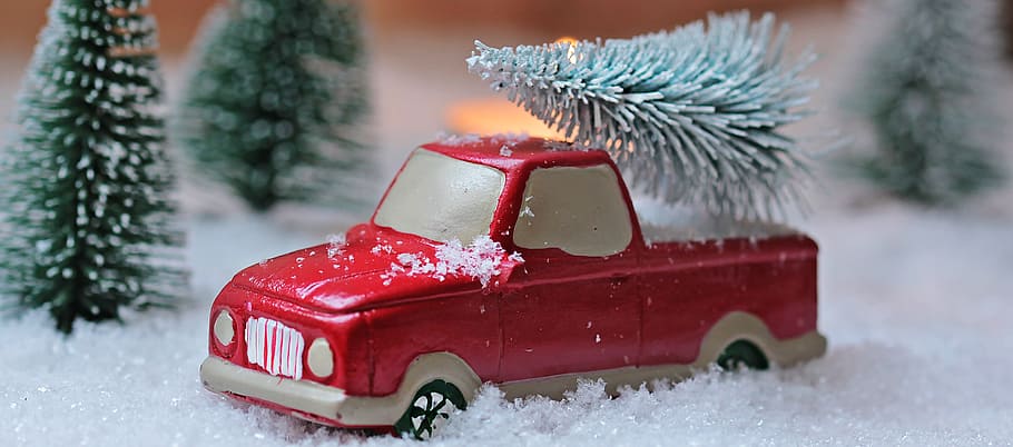 赤, ピックアップ, トラック, 雪, クリスマスツリー, クリスマス, クリスマスモチーフ, クリスマスカード, 背景, グリーティングカード