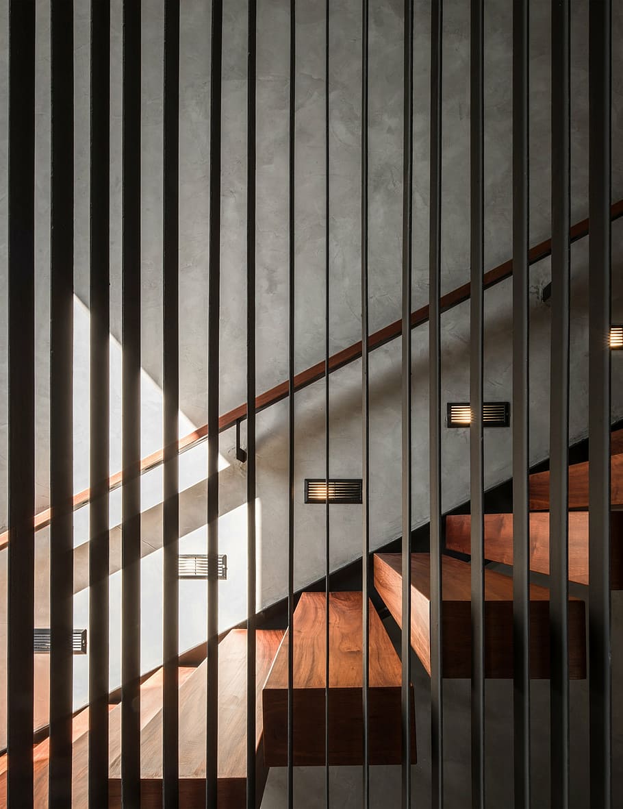 stairs, indoor, through the gallery, indoors, architecture, built structure, shadow, prison, close-up, security bar