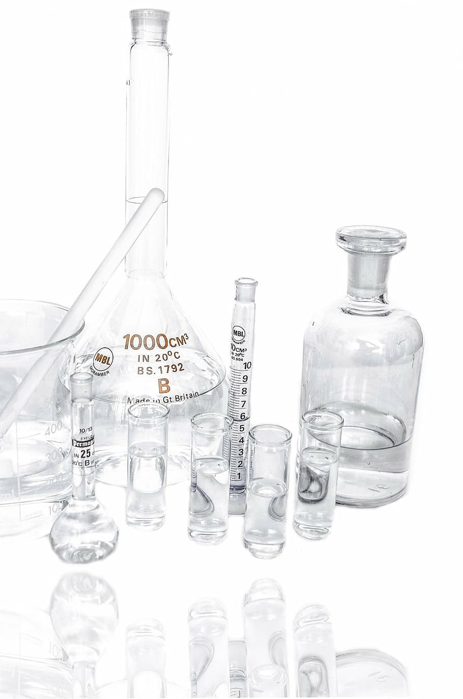 claro, garrafa de vidro, líquido, laboratório, pesquisa, química, teste, experimento, muitos, farmacêutico