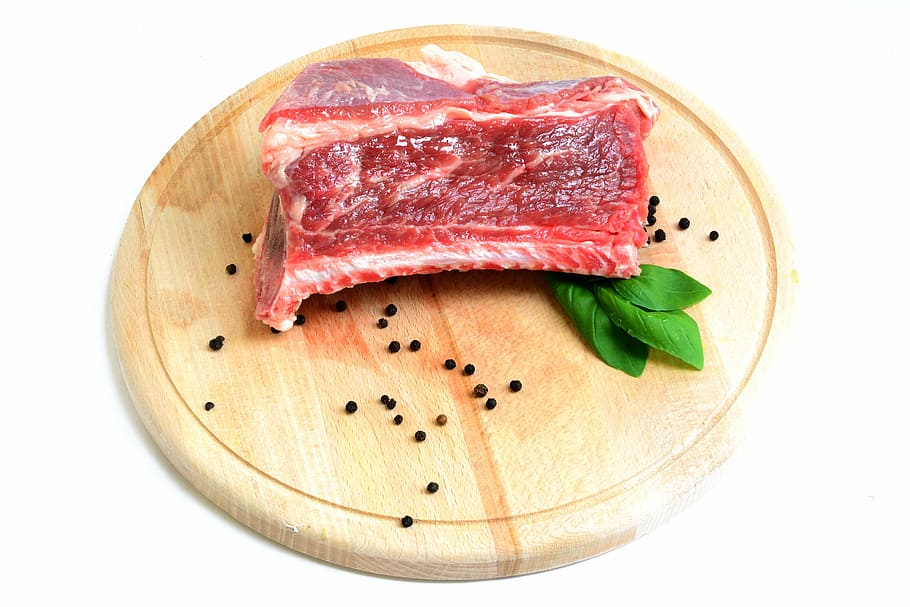 sliced, meat, round, brown, chopping, board, rib, beef, raw, white