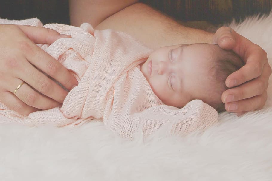 new, born, baby, lying, pink, fur bed, ad, baby photography, small, cute
