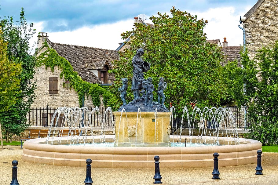fountain, place, tree, village, architecture, ancient, meursault, bourgogne, france, burgundy