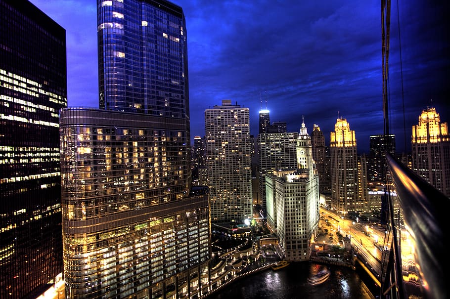 chicago, skyscrapers, high rise, night, skyline, metropole, city, lights, city lights, architecture
