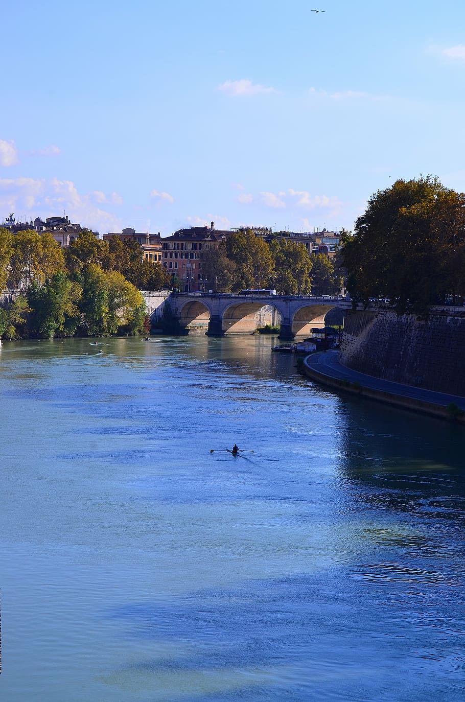 Roma, Tiber, jembatan, sungai, musim panas, hari, hijau, perahu, tukang perahu, pemandangan