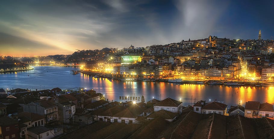 aerial, photography, city, nighttime, porto, portugal, historic city, rio, river douro, buildings