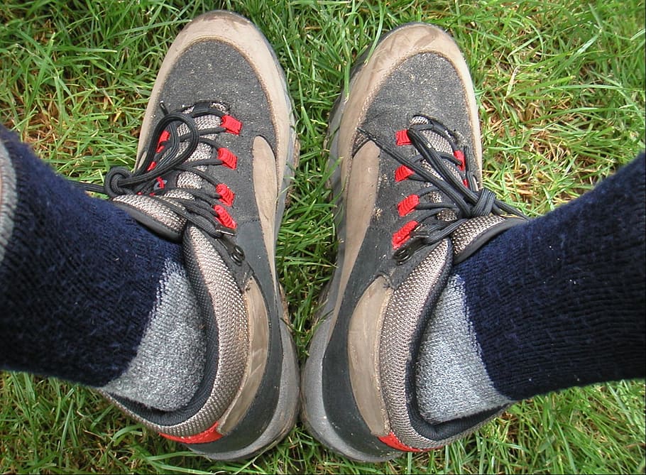 Shoes, Socks, Hiking, hiking socks, hiking shoes, shoelaces, shoe, outdoors, grass, people