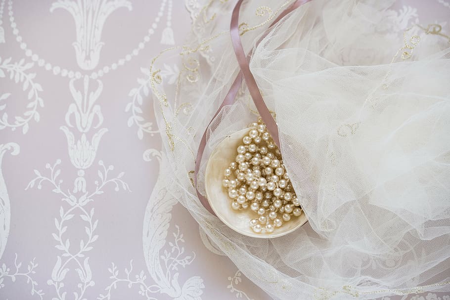 white textile, bridal, bride, design, elegant, embroidery, lace, ornate, pattern, pearl beads