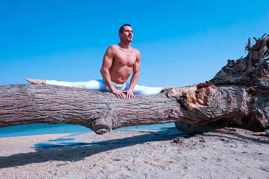 man, splits, tree, yoga, beach, water, sea, travel, sport, health