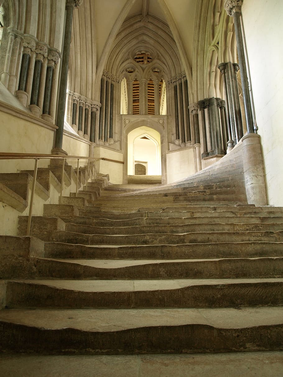 Staircase, Stairs, Beaten, gradually, history, emergence, light, stone, architecture, church