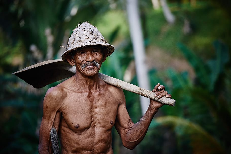 photography, man, holding, shovel, person, old, worker, hat, asian, hard