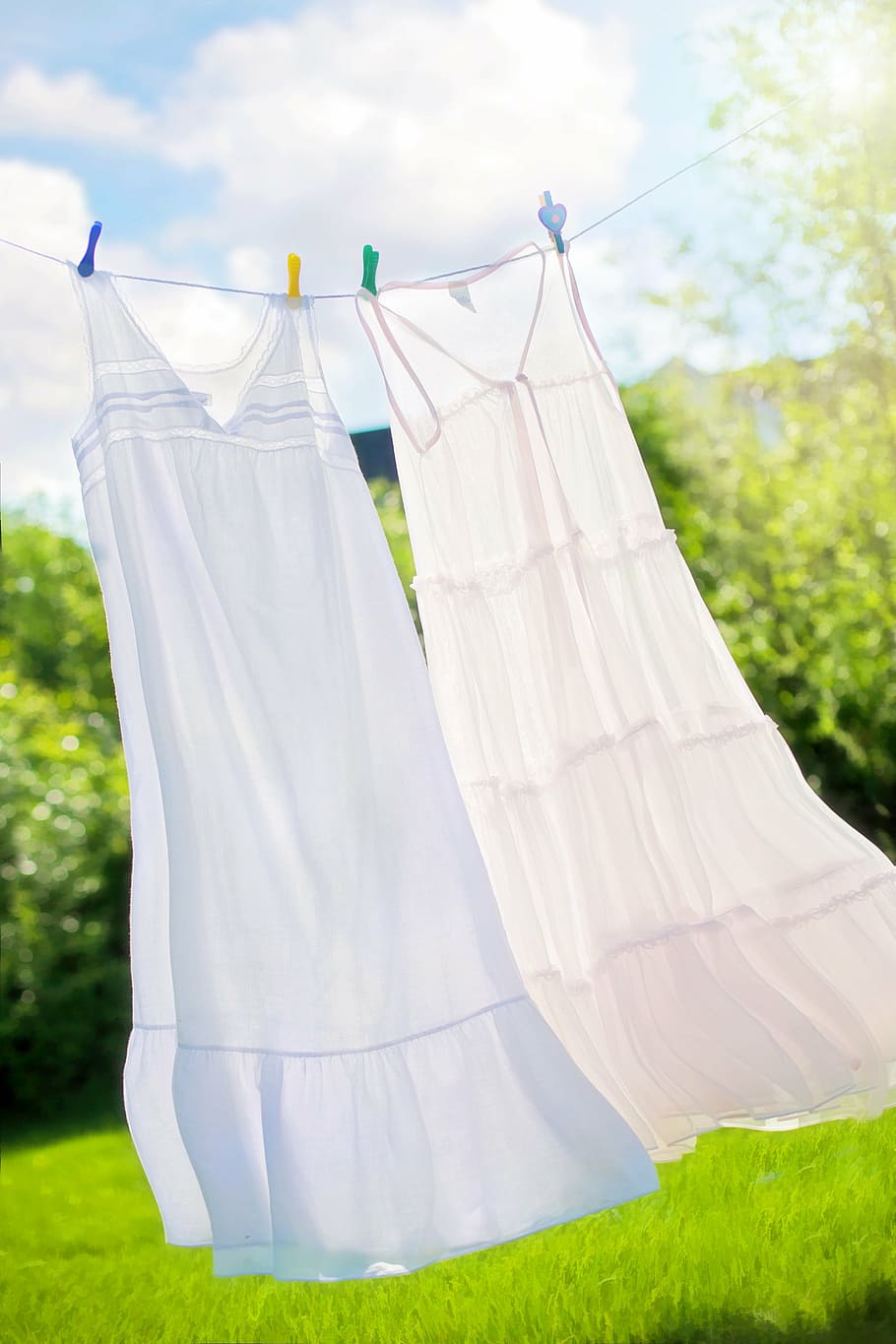 two, white, long, dresses, hanged, rope, clothesline, summer, nighties, clean
