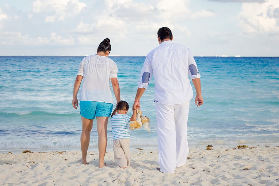 mother, father, child, walking, sea shore, daytime, love, family, beach, sea