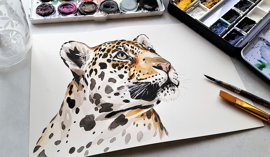 tiger painting, art, painting, jaguar, nature, animal, watercolor, brushes, paper, colors