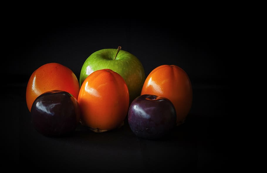 fruit, still life, apple, khaki, persimon, plum, greengrocers, diet, food and drink, food