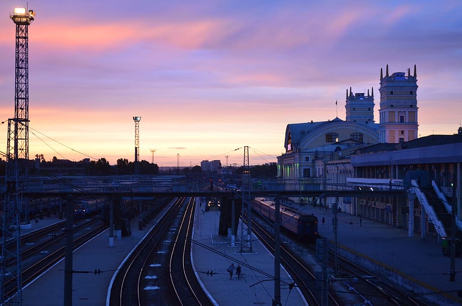 station, sunset, rails, bridge, stand by, trains, interchange, composition, sunset sky, wire