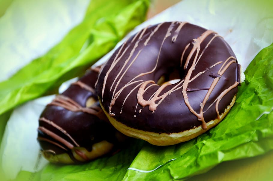 shallow, focus photography, two, chocolate doughnuts, donuts, donut, pastries, sweet, chocolate glaze, glaze