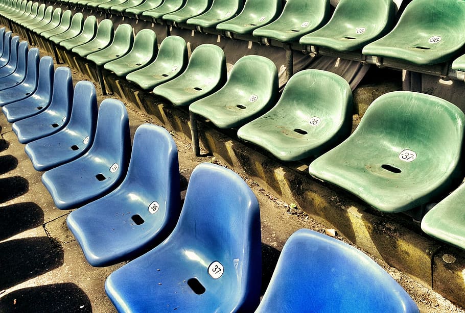 green, blue, gang chairs, sit, grandstand, theater, football stadium, audience, viewers, watch