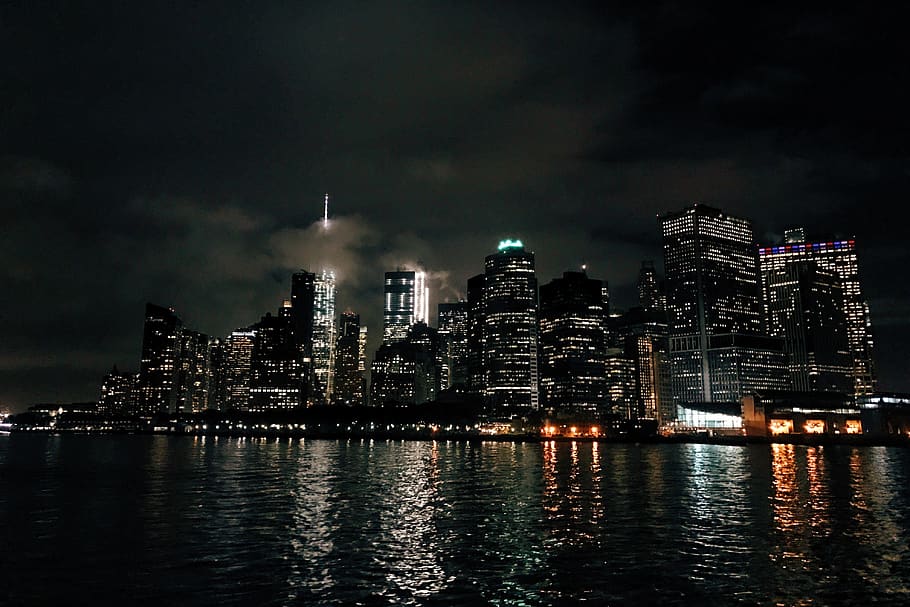 night, new york city, nyc, city, skyline, manhattan, cityscape, lights, river, architecture