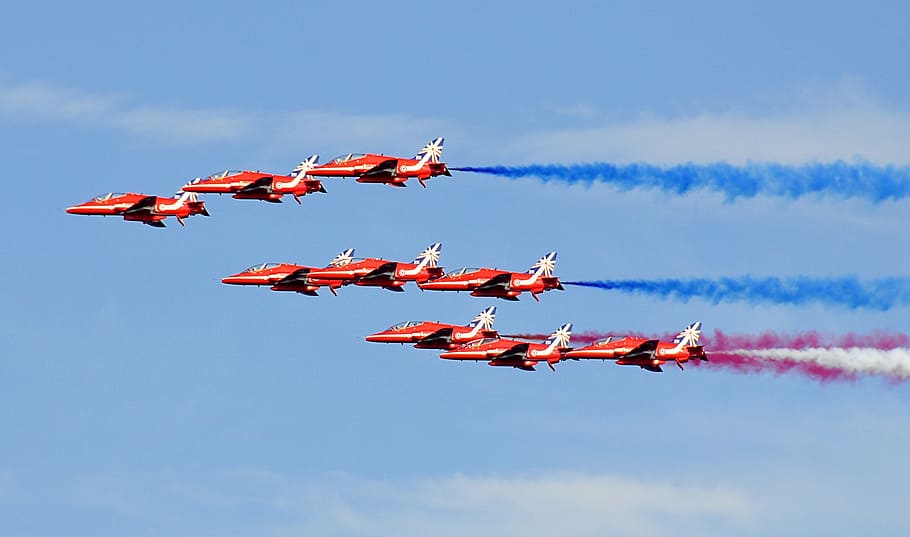 jet planes, flying, sky, fighter jets, jet, airplane, aviation, formation, red arrows, plane
