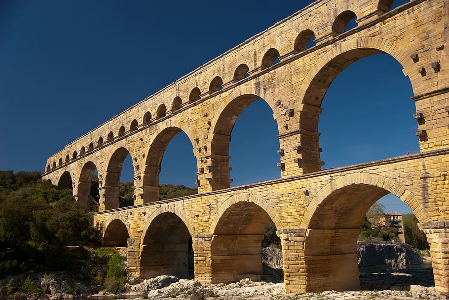Bridge, Pont Du Gard, France, Aqueduct, building, arch, history, old ruin, architecture, built structure