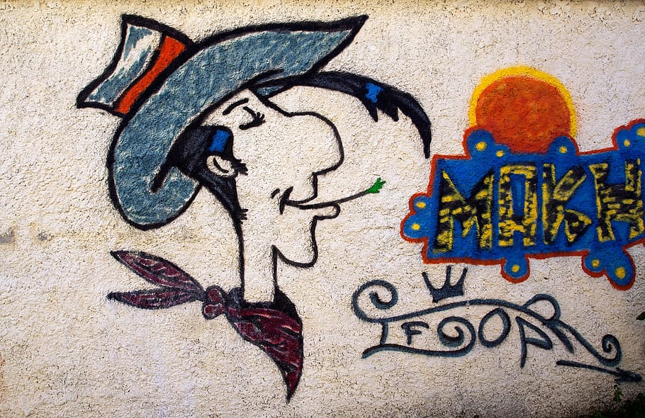 wall, cartoon character, luckyluke, art, graffiti, ornamentation, cowboy, painting, background, streetart