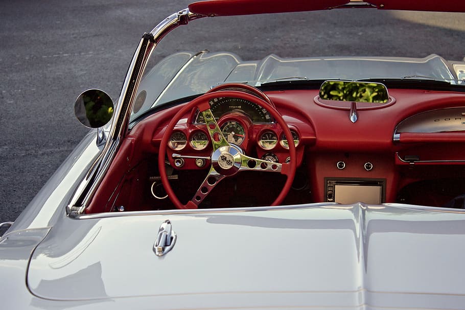 close-up photo, white, convertible, coupe, car, vehicle, transportation, old, vintage, steering wheel