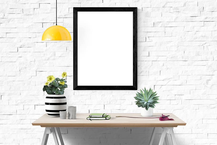 black, wooden, framed, wall decor, table, mockup, interior, template, modern, space