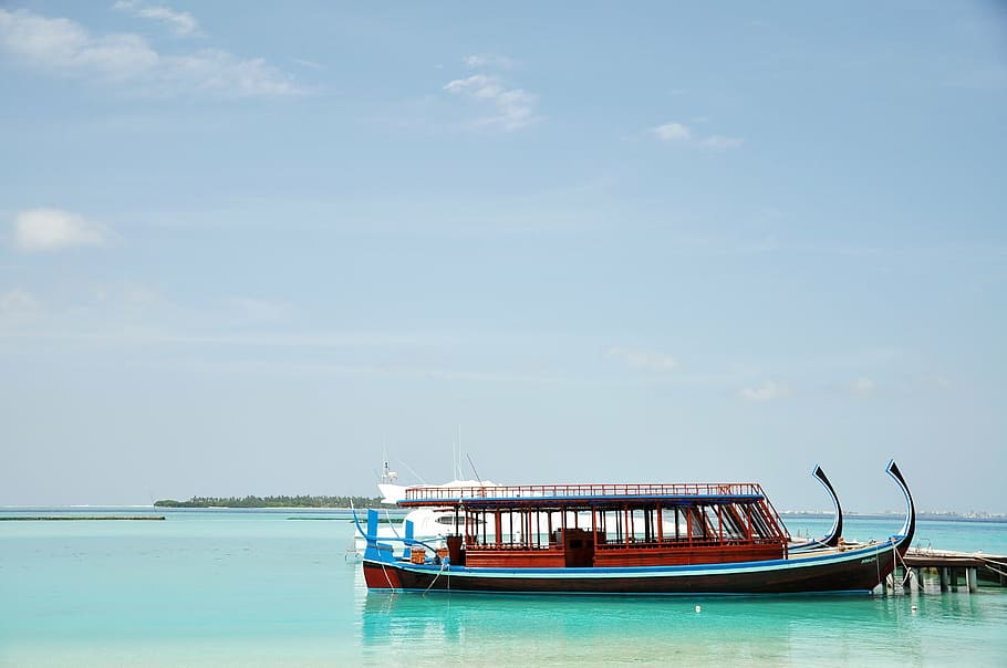 brown, blue, wooden, boat, body, water, daytime, dhonis, full moon island, maldives