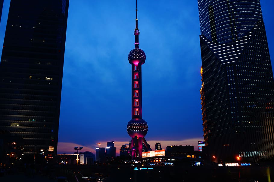 at dusk, shanghai, city, high rise buildings, sunset, evening, china, architecture, building exterior, built structure