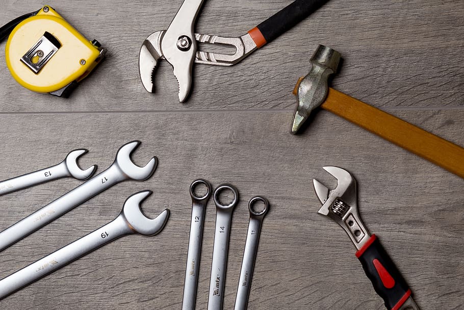 gris, acero, llave inglesa, kit, madera, parte superior, herramienta, reparación, trabajo, metal