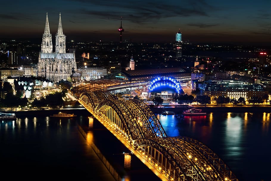 birds eye view, bridge, city, night time, cologne, cologne cathedral, hohenzollern bridge, cologne at night, cologne cathedral at night, bridge - man made structure