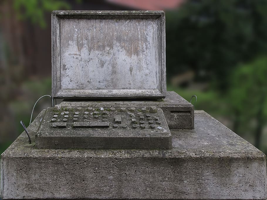 grey, concrete, computer, stone age computer, monument, concrete calculator, artwork, keyboard, stone keyboard, concrete monitor