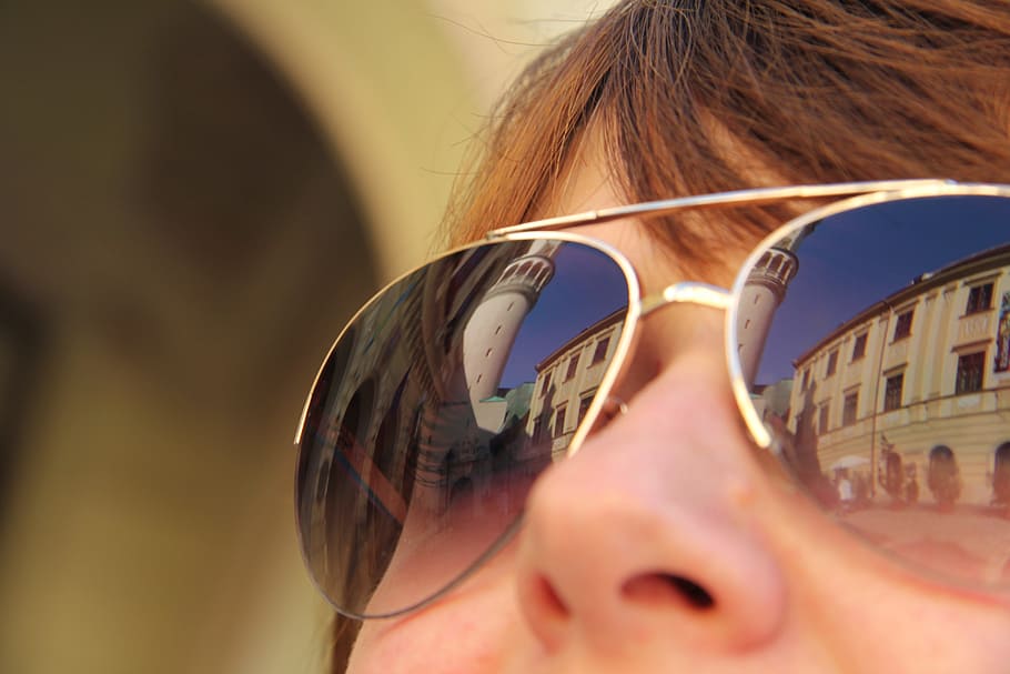 person, gold, framed, brown, lens aviator-style sunglasses, sunglasses, girl, sopron hungary, reflection, glasses