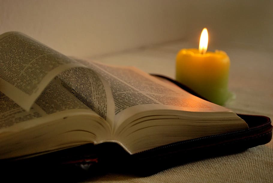 lighted, yellow, candle, opened, book, read, bible, fire, burning, publication