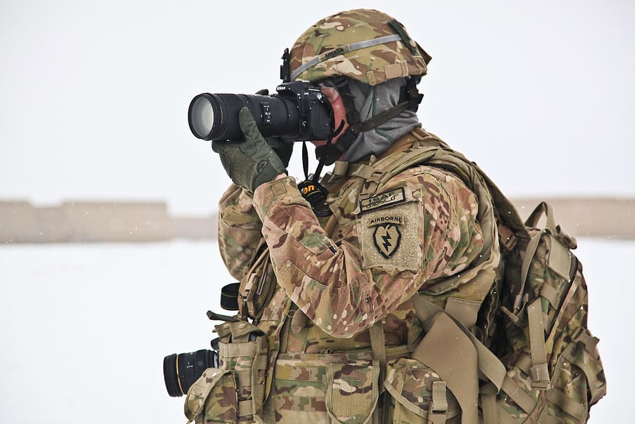 soldier, wearing, brown, green, camouflage uniform, looking, dslr camera, spotting scope, army, war
