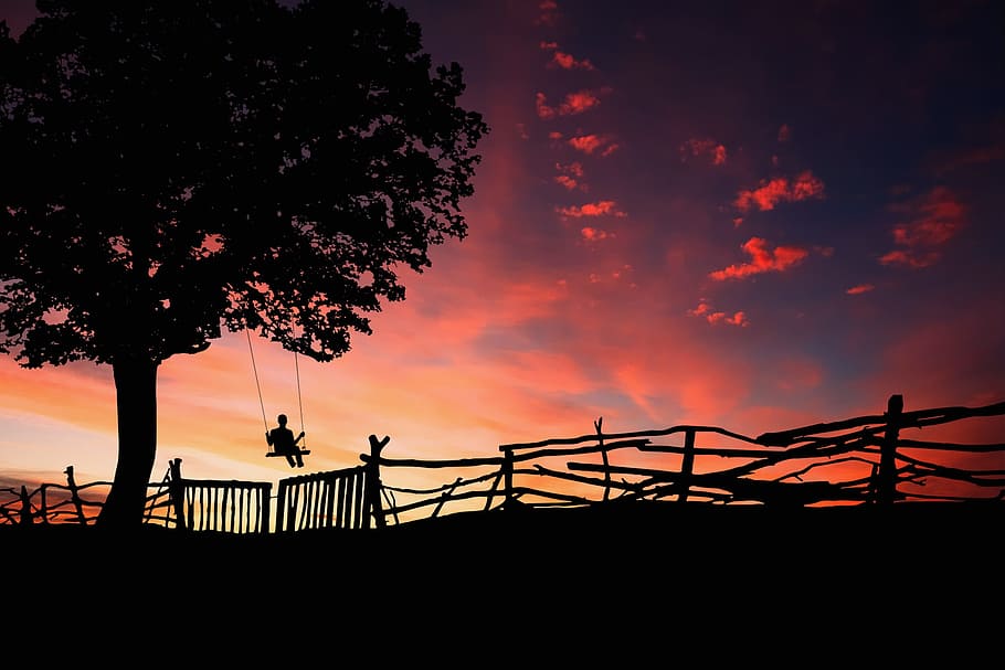 silhouette, person, swing, twilight, sunset, dawn, dusk, sun, silhouetted, sky