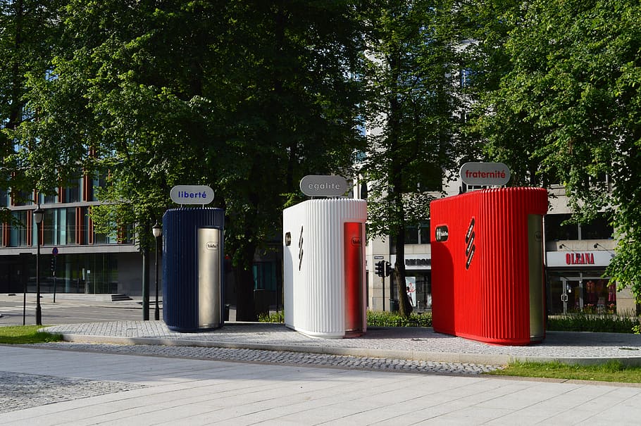 scandinavia, norway, oslo, public toilets, liberte, egalite, fraternite, tree, plant, garbage bin