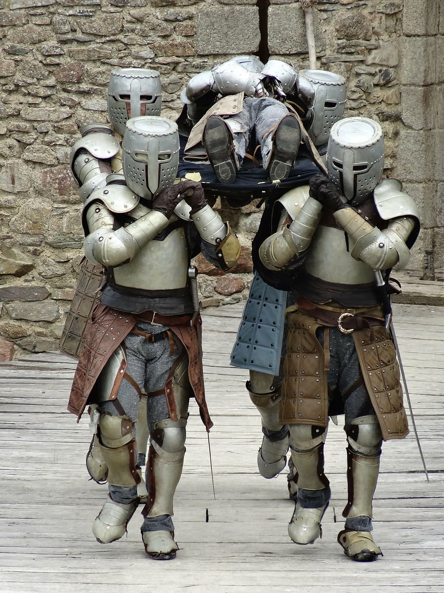 four, armies, carrying, lying, man, knights, medieval, corpse, armor, helmet