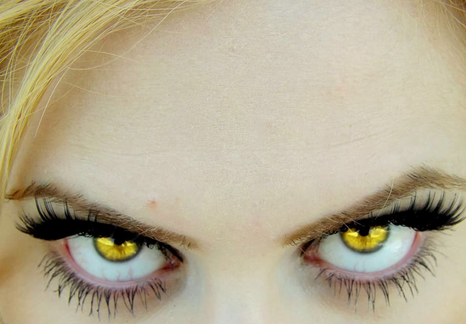 woman, yellow, contact lens, eye, green, vampire, gene, human eye, looking at camera, human body part