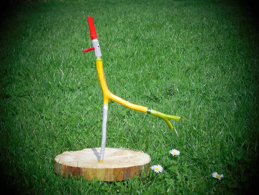 folk art, wooden bird, sculpture, grass, plant, nature, green color, day, lawn, food and drink