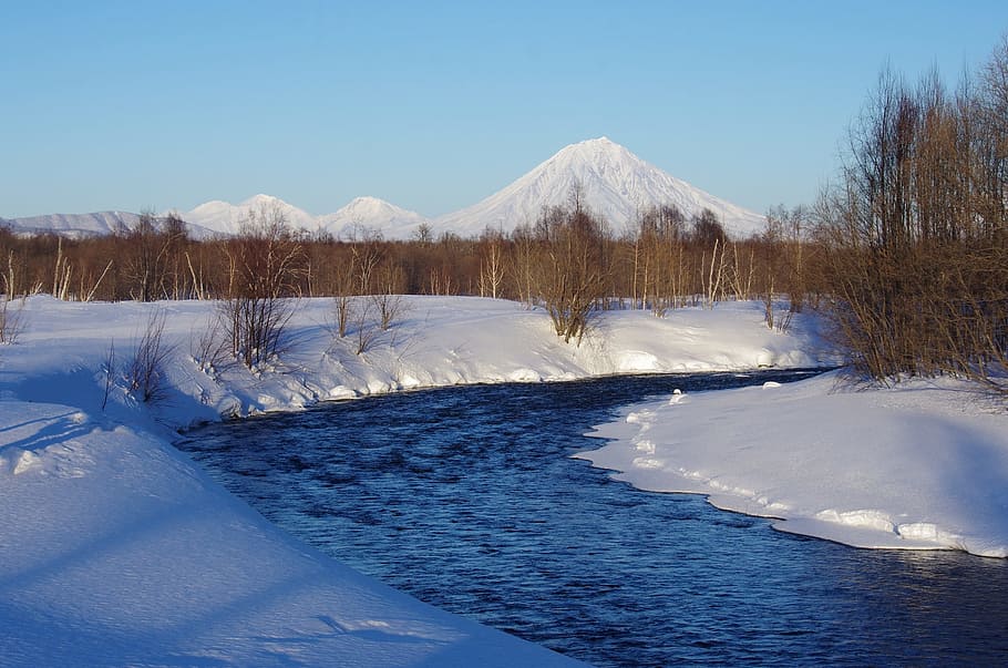 volcanoes, mountains, river, forest, winter, snow, trees, landscape, nature, travel