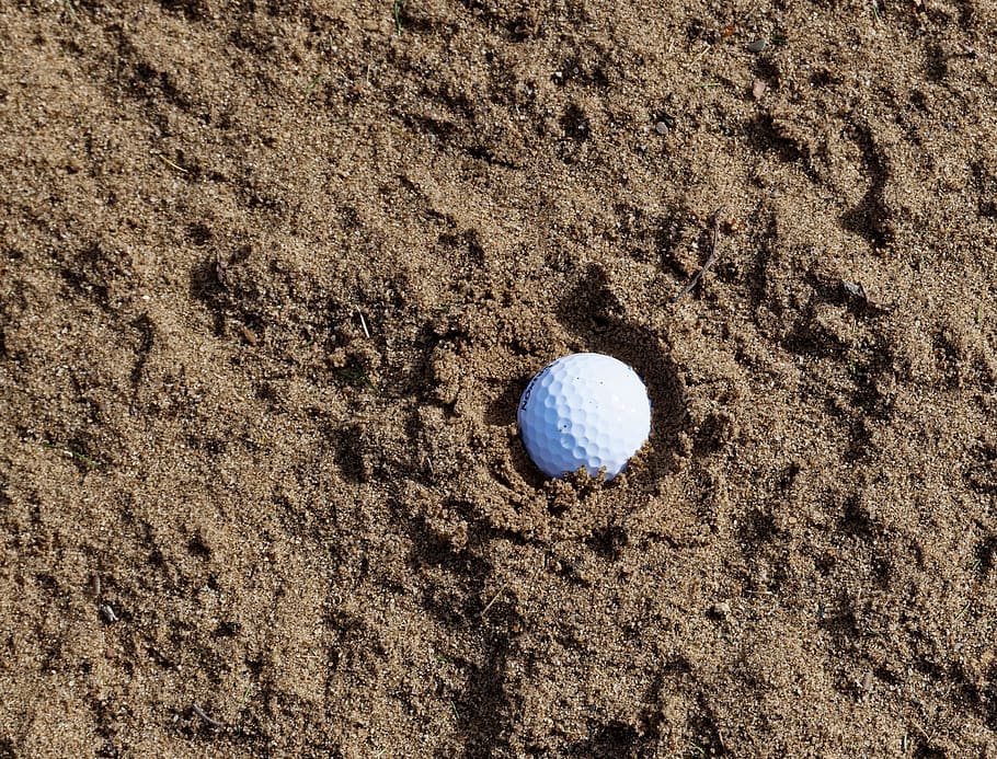 golf ball, brown, soil, sand, golf, bunker, trap, sport, course, club