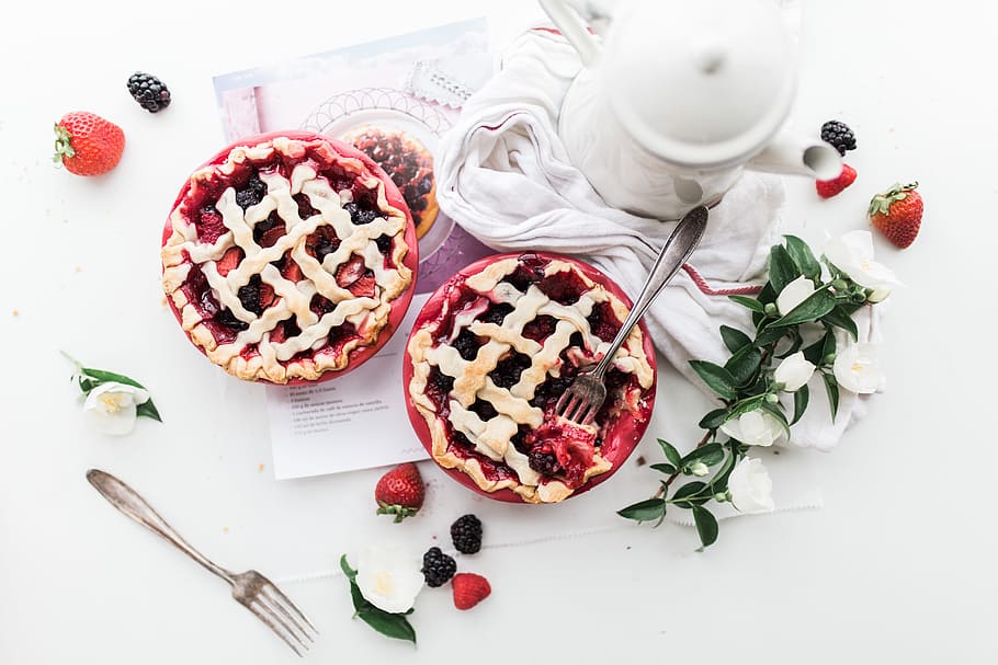 two, pie, fork, food, eat, gourmet, strawberry, pies, fruits, flowers