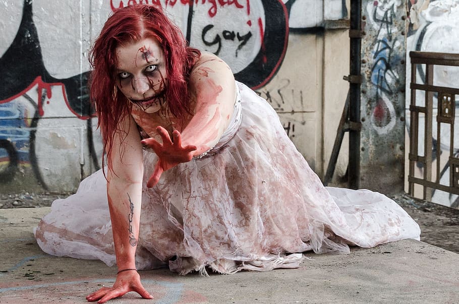 woman, white, bridal, gown, full, fake, blood, crawling, floor, zombie