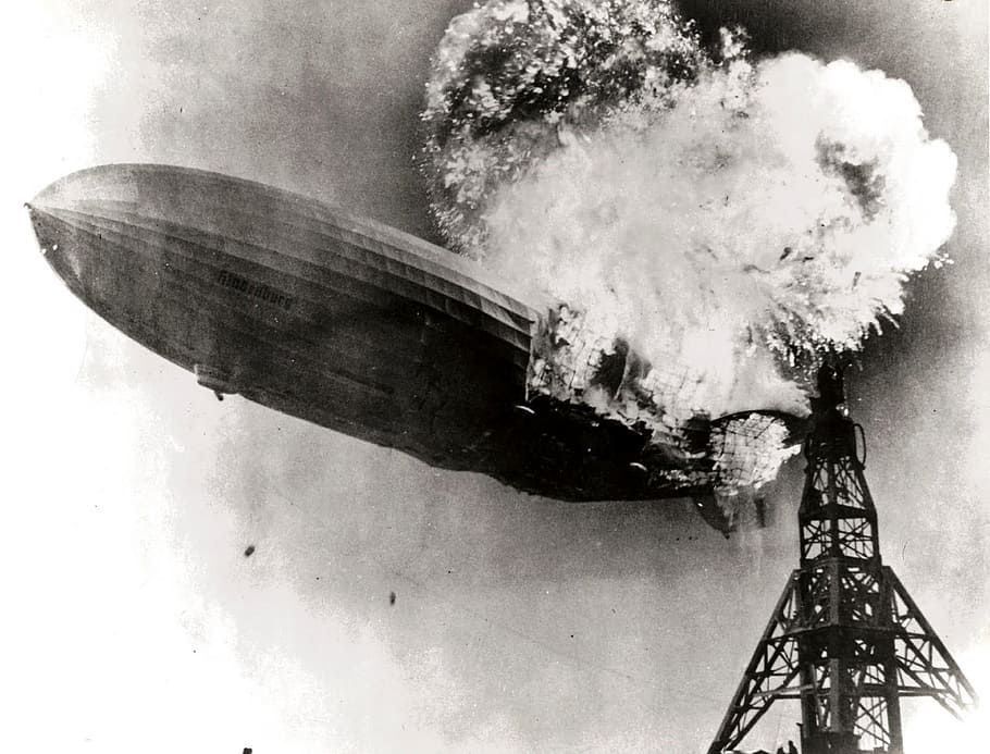 grayscale photography, blimp, hindenburg, disaster, zeppelin, air travel, catastrophe, german, commercial, passenger-carrying