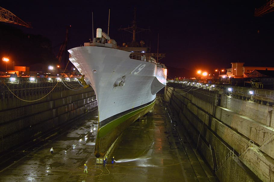 yokosuka, japan, uss blue ridge, battleship, dry dock, lights, night, evening, navy, military