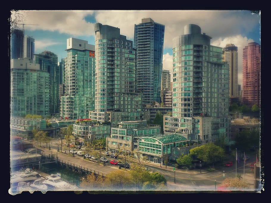 concrete buildings illustration, coal harbour, vancouver, british columbia, buildings, high rise, skyline, water, canada, downtown