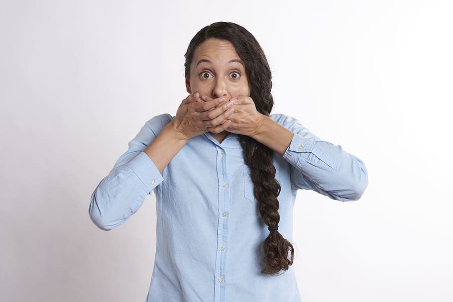 woman, wearing, white, dress shirt, covering, mouth, secret, hands over mouth, covered mouth, young