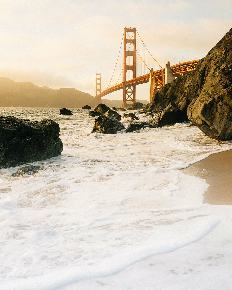 береговая линия, Золотой, Мост у ворот, Сан-Франциско, море, океан, вода, волны, природа, пляж